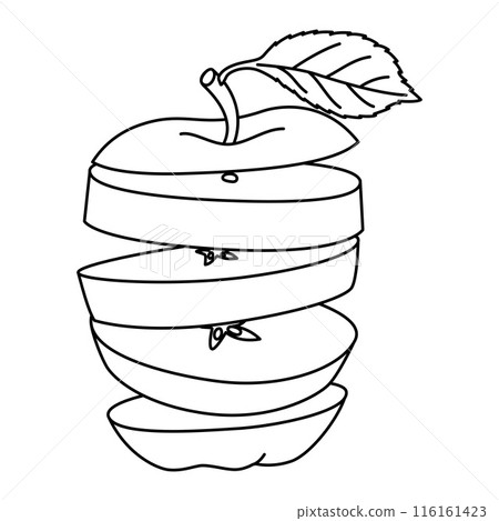 Fresh chopped apple flying in the air doodle style coloring book. Fresh chopped apple flying in the air doodle style coloring book. 116161423