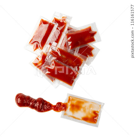 Ketchup in Square Plastic Bag Isolated, One-Time Portion of Tomato Sauce, Transparent Catsup Sachet Ketchup in Square Plastic Bag Isolated, One-Time Portion of Tomato Sauce, Transparent Catsup Sachet 116161577