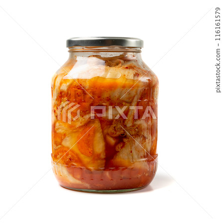 Kimchee in a glass jar isolated. Spicy kim chi, hot fermented napa cabbage, jimchi, korean gimchi 116161579