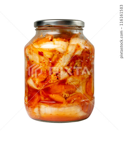Kimchee in a glass jar isolated. Spicy kim chi, hot fermented napa cabbage, jimchi, korean gimchi Kimchee in a glass jar isolated. Spicy kim chi, hot fermented napa cabbage, jimchi, korean gimchi 116161583