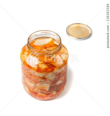 Kimchee in a glass jar isolated. Spicy kim chi, hot fermented napa cabbage, jimchi, korean gimchi 116161584