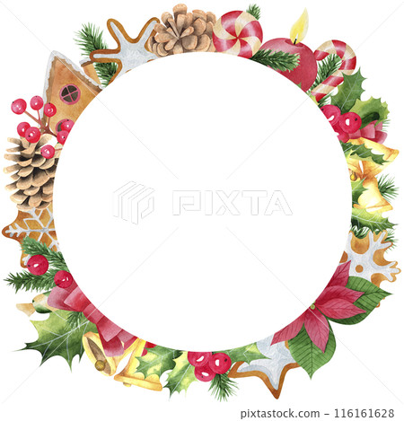 Christmas round frame Watercolor hand drawn illustration with holly, gingerbread cookie, pine tree branches, red berries, golden bells, candle, candy cane. Winter holiday. Template for greeting card 116161628