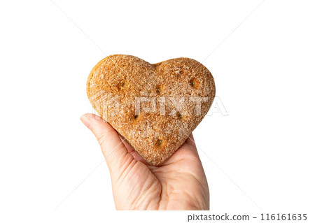 Oatmeal Bun in the Shape of a Heart Isolated, Gluten Free Flat Finnish Bread Roll 116161635