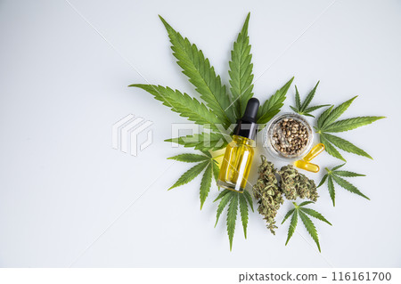 Hemp oil bottle with hemp leaf and cannabis leaf, marijuana 116161700