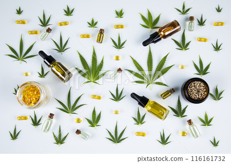 Cannabis leaves with marijuana, cbd, Flat lay composition 116161732
