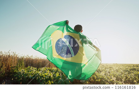 Brazilian little kid - football fan, child patriot with national flag on sky background at summer sunset. Brazil celebration banner, holidays in America 116161816