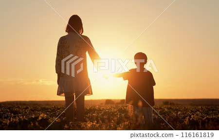 Mom And Child Holding Hands Together, Family Background. Son Takes Mother Hand 116161819