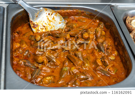 Stewed Okra, Cooked Bamya in Street Buffet, Traditional Asian Dish Bamia in Sauce, Okra Stew 116162091