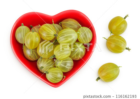 Green gooseberry in a ceramic bowl isolated on white background with clipping path and full depth of field. Top view. Flat lay. Green gooseberry in a ceramic bowl isolated on white background with clipping path and full depth of field. Top view. Flat lay. 116162193