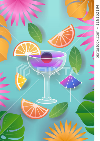 Tropical cocktail glass with fruit slices leaves and umbrella on blue background summer beach party theme Tropical cocktail glass with fruit slices leaves and umbrella on blue background summer beach party theme 116162194