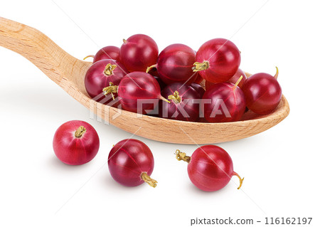 Red gooseberry in wooden spoon isolated on white background with full depth of field. Red gooseberry in wooden spoon isolated on white background with full depth of field. 116162197