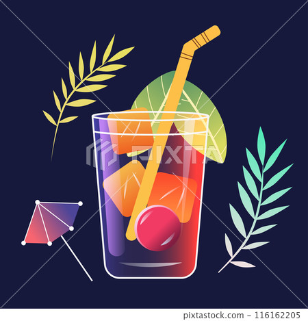 Colorful cocktail glass with ice cubes straw cherry tropical leaves and umbrella on dark background Colorful cocktail glass with ice cubes straw cherry tropical leaves and umbrella on dark background 116162205