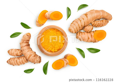 Turmeric powder in wooden bowl and turmeric root isolated on white background. Top view. Flat lay Turmeric powder in wooden bowl and turmeric root isolated on white background. Top view. Flat lay 116162228