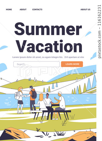 Summer vacation outdoor activities people nature scenic lake mountains picnic hiking minimalist line art website design 116162231