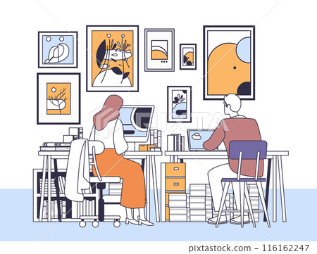 Two people working in a home office artistic workspace organized desks colorful framed art minimalist 116162247