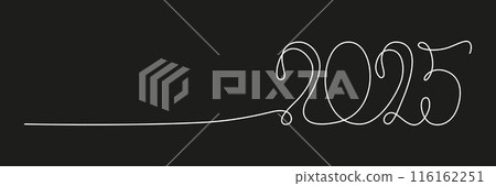 Decoration continuous line hand drawing sign for 2025 year calendar. Vector stock illustration minimalism design isolated on black chalkboard background. Editable stroke single line. EPS10 Decoration continuous line hand drawing sign for 2025 year calendar. Vector stock illustration minimalism design isolated on black chalkboard background. Editable stroke single line. EPS10 116162251