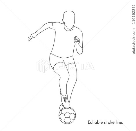 Soccer running player with ball. Vector stock one line hand drawing illustration isolated on white background for design template football championship, game. Editable stroke. EPS10 Soccer running player with ball. Vector stock one line hand drawing illustration isolated on white background for design template football championship, game. Editable stroke. EPS10 116162252