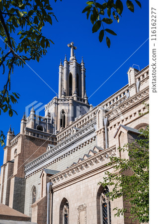 tower of stone ancient medieval Catholic Church in Gothic style. Cathedral of Sacred Heart of Jesus in Tashkent in Uzbekistan tower of stone ancient medieval Catholic Church in Gothic style. Cathedral of Sacred Heart of Jesus in Tashkent in Uzbekistan 116162277