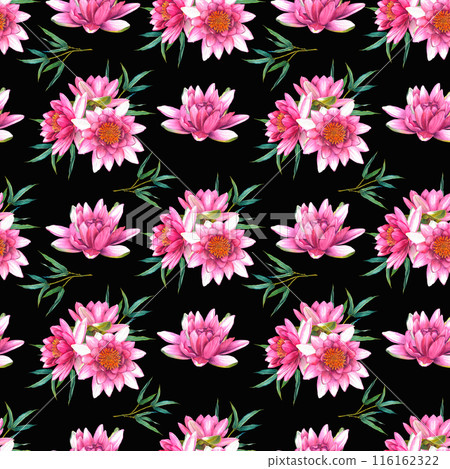 Seamless pattern with pink flowers of a water lily and a sprig of bamboo. Hand drawn watercolor illustration of exotic lotus composition for wrapping paper or textile design. Print on black background Seamless pattern with pink flowers of a water lily and a sprig of bamboo. Hand drawn watercolor illustration of exotic lotus composition for wrapping paper or textile design. Print on black background 116162322