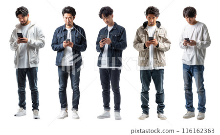 Young man looking at smartphone on white background "AI generated image" Young man looking at smartphone on white background "AI generated image" 116162363