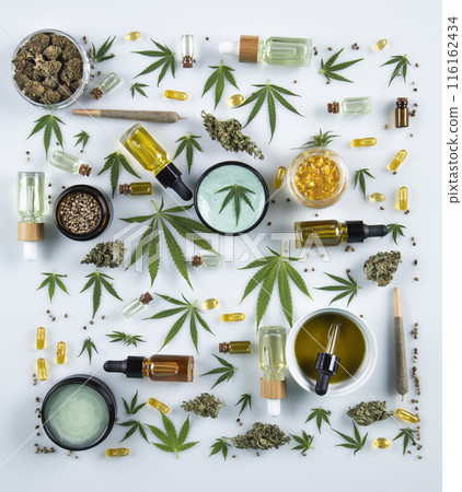 Cbd products. marijuana and cannabis hemp oil. flat lay, top view Cbd products. marijuana and cannabis hemp oil. flat lay, top view 116162434