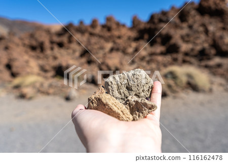 Volcano Stones in Hand, Volcanic Pumice with Glass, Pieces of Lava, Basalt Extrusive Igneous Rock Volcano Stones in Hand, Volcanic Pumice with Glass, Pieces of Lava, Basalt Extrusive Igneous Rock 116162478