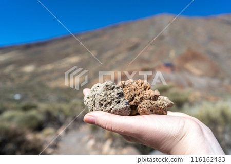 Volcano Stones in Hand, Volcanic Pumice with Glass, Pieces of Lava, Basalt Extrusive Igneous Rock 116162483