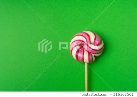 Color lollipop, spiral candy on stick, colorful striped lollypop, round fruit caramel, circle lollipop 116162501