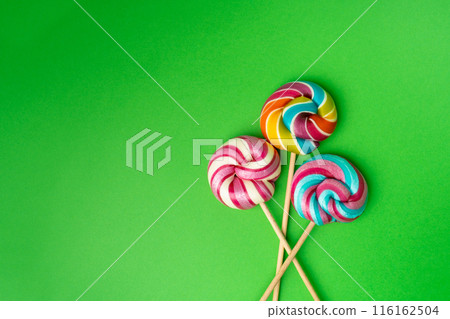 Color lollipop, spiral candy on stick, colorful striped lollypop, round fruit caramel, circle lollipop Color lollipop, spiral candy on stick, colorful striped lollypop, round fruit caramel, circle lollipop 116162504