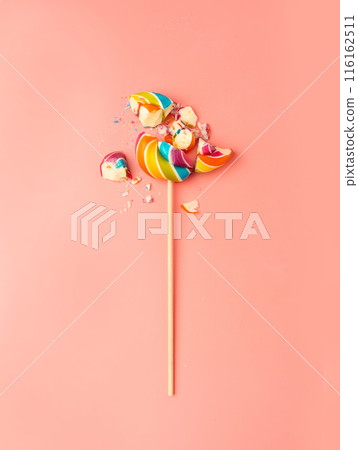Broken color lollipop, spiral candy on stick, colorful striped lollypop, round fruit caramel, circle lollipop 116162511