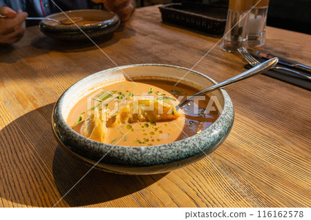 Nepalese Momo Jhol Achar Dumpling Soup, Fried Gyoza Broth, Spicy Tomato Momo Seasoned Soup 116162578
