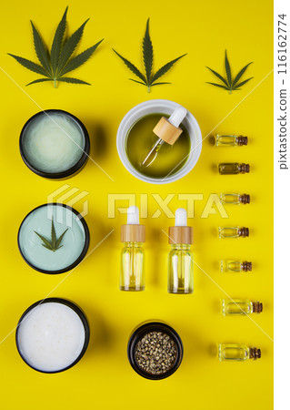 Flat lay composition, cbd, Cannabis leaves with marijuana 116162774