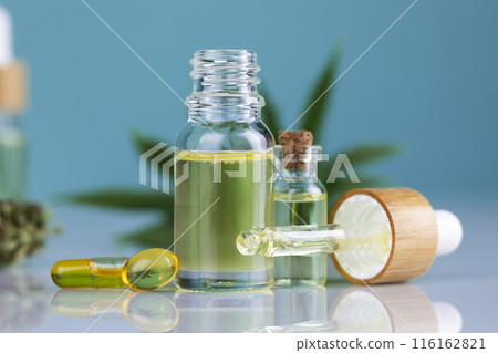 Cannabis leaf with hemp seeds and marijuana oil, cbd 116162821