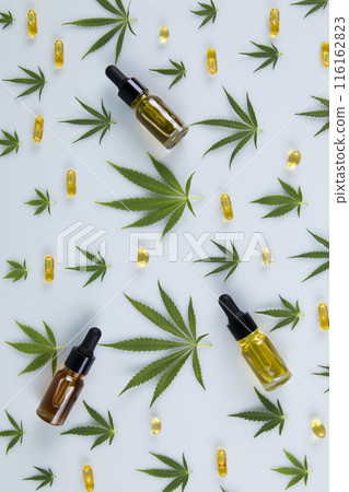 Cbd products. marijuana and cannabis hemp oil. flat lay, top view 116162823