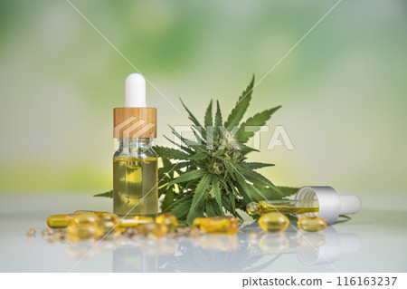 Cannabis leaf with hemp seeds and marijuana oil, cbd 116163237