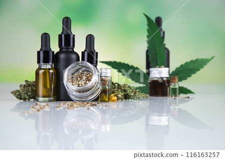 Hemp oil and marijuana leaves on hemp extract, cbd 116163257