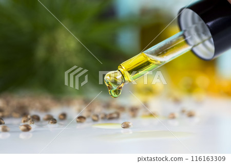 Oil cbd in a glass bottle, with a pipette, Medical marijuana concept Oil cbd in a glass bottle, with a pipette, Medical marijuana concept 116163309