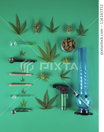 Marijuana flat lay composition, Cbd, weed, cannabis buds 116163352