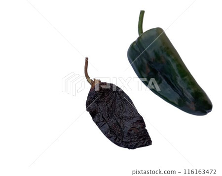 Mexican chili peppers: 1 Chile Poblano and 1 Chile Ancho (white background, space for text) 116163472