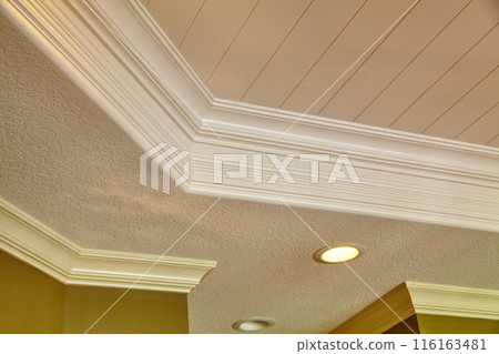 Elegant Coffered Ceiling and Crown Molding, Low Angle View 116163481