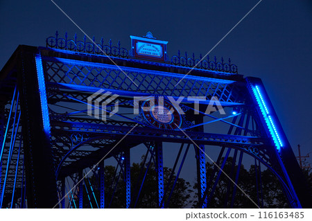 Illuminated Wells Street Bridge Detail in Fort Wayne, Indiana at Night Illuminated Wells Street Bridge Detail in Fort Wayne, Indiana at Night 116163485