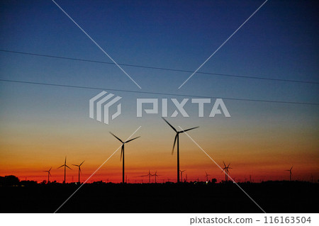 Serene Dusk Wind Turbines and Distant Lights in Ohio 116163504