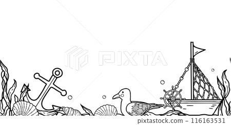 Horizontal vector sea, marine seamless border pattern. Ship, boat, seagull, seaweeds, seashells, nautical anchor and water bubbles. Hand drawn line art. Horizontal vector sea, marine seamless border pattern. Ship, boat, seagull, seaweeds, seashells, nautical anchor and water bubbles. Hand drawn line art. 116163531