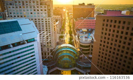 Aerial Golden Hour Cityscape Sunset Glow Over Indianapolis Keystone Mall Bridge 116163536