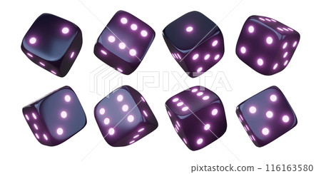 Casino gambling game dice. Iridescent dice with neon colors. Purple dice. 3d render Casino gambling game dice. Iridescent dice with neon colors. Purple dice. 3d render 116163580