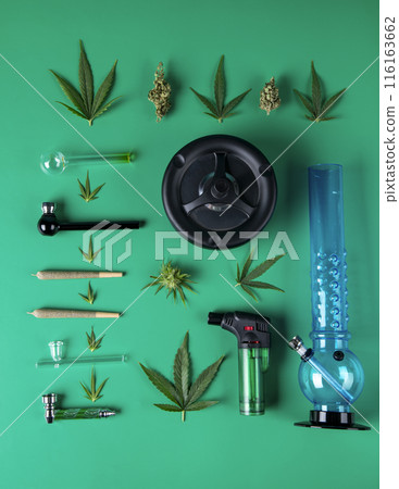 Marijuana flat lay composition, Cbd, weed, cannabis buds Marijuana flat lay composition, Cbd, weed, cannabis buds 116163662