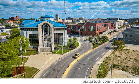 City of Muncie building along N High Street aerial in downtown Midwest town, IN 116163733
