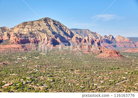 Aerial View of Sedona Red Rocks and Lush Valley with Homes 116163776