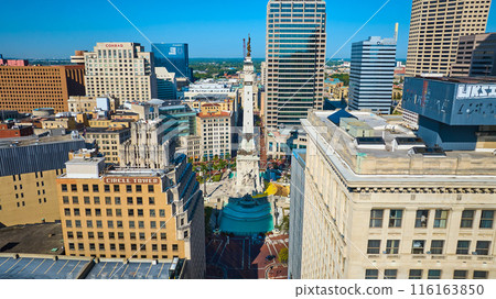 Aerial Downtown Indianapolis Cityscape with Monument Circle and Skyscrapers Aerial Downtown Indianapolis Cityscape with Monument Circle and Skyscrapers 116163850