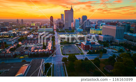 Aerial Golden Hour Cityscape with Skyscrapers in Indianapolis Aerial Golden Hour Cityscape with Skyscrapers in Indianapolis 116163899